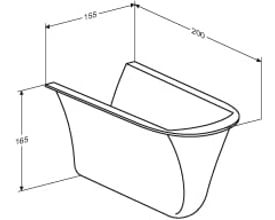 Teknisk tegning af Pressalit installationsafdækning i hvid med dimensioner angivet: 155mm bred, 165mm høj og 200mm dyb.