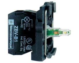 Schneider Electric Harmony Style 5 lampekrop fra siden, viser den hvide LED og mærket ZBV-B1 med tekniske specifikationer og godkendelser.