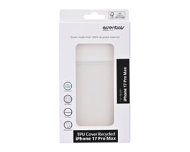 Emballagen til et transparent TPU-bagcover til iPhone 17 Pro Max med Essentials-logo og synligt cover.