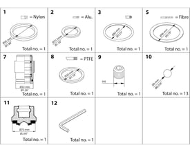 Oversigt over dele til Danfoss SVA 80 vedligeholdelsessæt med illustrationer af nylon, aluminium, fiber, PTFE, pakninger og skruer.