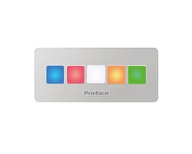 Schneider Electric Pro-face enhed med fem farvede LED-knapper: blå, rød, hvid, orange og grøn, på en sølvgrå baggrund.