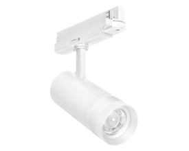Hvidt LEDVANCE Tracklight Spot Zoom skinnespot med cylindrisk lampehoved og 3-faset skinneadapter.