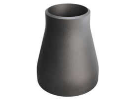 Koncentrisk reduktion i gråt P235GH stål med dimensionerne 76,1/2,9 x 48,3/2,6 mm, monteret på hvid baggrund.