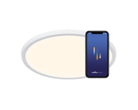 Nordlux Oja Smart Light loftlampe, rund og hvid med en diameter på 60 cm, vist sammen med en smartphone-app til lysstyring.