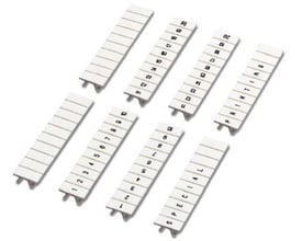 Phoenix Contact ZB 5 mærketrimler, hvid, 5mm brede, med fortløbende numre 1-10 og bogstaverne 'SPECIAL' og 'PRINTING'.