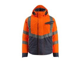 Mascot Pilotjakke Hastings hi-vis i orange og marineblå, str. L, med lodrette og skrå refleksstriber på arme og front.
