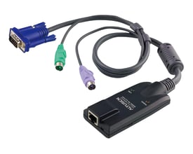 Sort Aten Altusen PS/2-modul KA7520-AX med tilslutningsboks, RJ45-port samt VGA- og PS/2-stik på kabler.