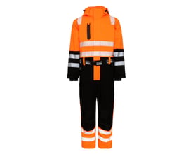 Lyngsøe Rainwear 4WS vinterdragt i størrelse L, orange og sort med hætte, refleksbånd og bælte set forfra.