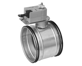 Lindab motorspjæld DTBCU med 160mm diameter og 230V motor, vist fra siden med kabel og monteringsbeslag.