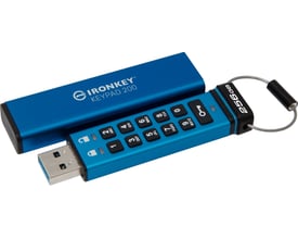 Kingston IronKey Keypad 200 256GB USB-A hukommelse i blå metal med numerisk tastatur og låseikoner.