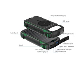 4smarts Rugged TitanPack UltiMag powerbank med solpanel og magnetisk opladning, viser porte og funktioner.