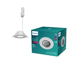 Philips Cilantro indbygningsspot i mat hvid, vist sammen med 3-pak indpakningen, der fremhæver StepDim funktion.