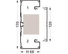 Detaljeret skitse af Hager installationskanalbund type BRA70172, med markeringer for 170mm højde og 68mm dybde.