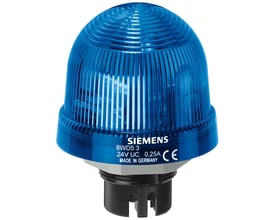 Siemens 8WD5 3 signallampe med integreret blinklys, blå, 24V, 70mm diameter. Produktet er lavet i Tyskland og CE-mærket.