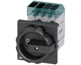 Siemens 3LD3 hovedafbryder med 32A, 3-polet + N og roterende drev i grå og sort. Synlige terminaler øverst.