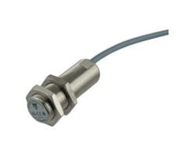 Carlo Gavazzi induktiv aftaster MS ICB18L50F08A2IO med cylindrisk metalhus, gevind og fast kabel.