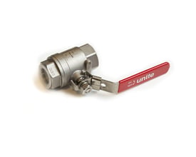 UNITE kuglehane i rustfrit stål, model W 1.4408 FB, med 2" muffe/muffe gevind og et rødt håndtag.