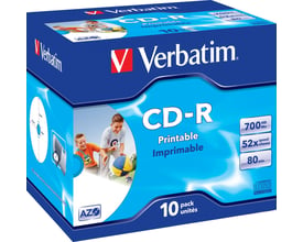 Emballagen til Verbatim printbar CD-R med 700 MB, 80 minutters optagetid og 52x indspilning, set skråt forfra.