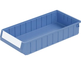 Bito Lagerteknik reolkasse RK i blå plast med dimensionerne 500x234x90 mm, vist med et tomt mærkat på fronten.