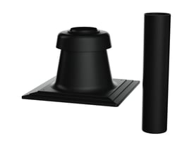 Detaljeret billede af Bosch DN110 skorstenstop i sort plast, med fokus på basen og rørdiameter.