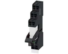 Siemens stikbensrelæ RT4 med 2 CO kontakter, 24V DC spole og rød LED-indikator, vist med push-in fjederklemmer.