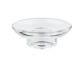 Grohe Essentials sæbeskål i klart glas, vist fra siden med fokus på den buede form.