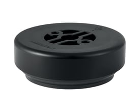 Geberit 110 mm sort PEH dæksel med gevind til afløbsrør, vist forfra med tydeligt logo og monteringshuller.