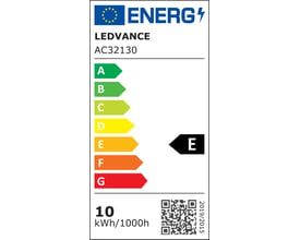 Energimærke for LEDVANCE lyskilden med energiklasse E, der angiver et forbrug på 10 kWh/1000h.