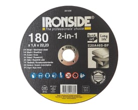 Ironside 2-in-1 skæreskive, rund og sort med gul kant, 180 x 1,6 mm, til stål og rustfrit stål.