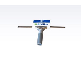 Roliba vinduesskraber på 250 mm med vandret stålskinne og gråt plastgreb, vist forfra med mærkeseddel.