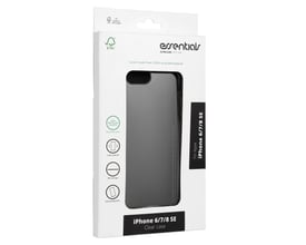 Essentials Ultra Slim Soft Case til iPhone 6/7/8/SE i transparent genanvendt TPU-plastik, vist i emballage med FSC mærke.