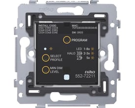 Niko smart lysdæmper med Zigbee protokol viser indstillingsmuligheder som program, select profile og min dim level samt produktnummer 552-72211.