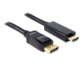 Sort DeLock DisplayPort til HDMI-A-kabel på 1 meter med begge stik synlige, set skråt fra oven.