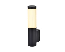 V-TAC LED-væglampe til udendørs brug med sort, cylindrisk design og lysende, lodret skærm.