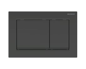 Geberit Omega20 Square betjeningsplade i matsort til dobbeltskyl, viser to rektangulære knapper på en ensfarvet baggrund.