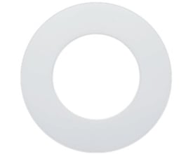 Hvid, ringformet flangepakning i PTFE til PN 40 med 50 mm udvendig og 22 mm indvendig diameter.