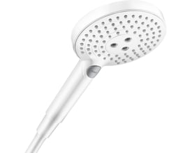 Hansgrohe Raindance Select S 120 håndbruser i mat hvid med tre Select-stråletyper og 125 mm brusehoved.