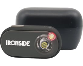 Ironside Yo-Yo genopladelig pandelampe set forfra med to lyslinser og opladningsboksen bagved.