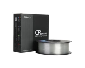 Creality CR-PETG-filament i transparent farve på sort spole ved siden af emballagen, 1,75 mm og 1 kg.