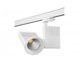 SG Armaturen Zip Pro 3-faset LED skinnespot i hvid aluminium med 40W, 3000K og 40 graders spredningsvinkel monteret på hvid skinne.