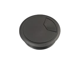 Schneider bordgennemføringsflange Ø80 mm i sort plast med en justerbar drejelig åbning på hvid baggrund.