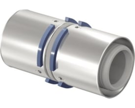 Tæt på Uponor S-Press Plus muffe til 63mm rør med blå preskapper, der fremhæver monteringsdetaljer og plastmaterialet.