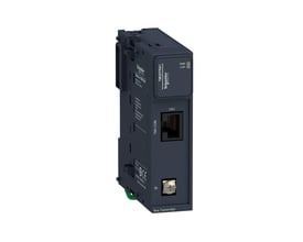 Schneider Electric TM3-Busmodul, Sender (TM3XTRA1) med fokus på den mørkeblå enheds højre side med en CN1-port.