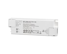 Hvid Envilar RF LED-paneldriver til CCT, 45 W, med tilslutningsdæksler og mærkning på forsiden.