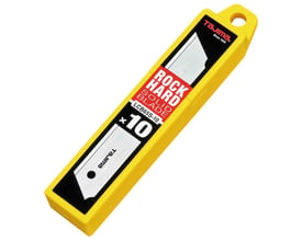 Tajima Trading knivblade uden segmenter, 25mm LCB-65S i SK2 stål, pakke med 10 stk i gul plastikbeholder.