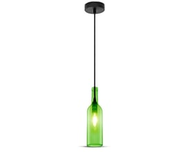 V-Tac flaske pendellampe i klar grøn glas med en E14 fatning, ophængt i sort ledning.