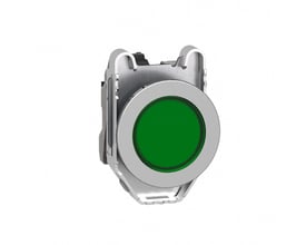 Schneider Electric flush signallampe i metal med grøn LED, 24V, set lidt fra siden for at vise dens monteringsmekanisme og robuste konstruktion.