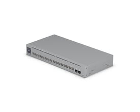 To Ubiquiti USW-Pro-Max-16-PoE switches stablet, viser deres ensartede grå design og porte forneden.