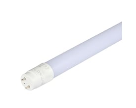 Hvidt V-TAC T8-Samsung60 Pro LED-lysstofrør med G13-fatning og to kontaktstifter, set skråt fra enden.