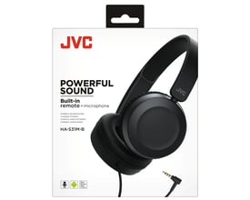 JVC HA-S31M-B sorte on-ear hovedtelefoner i emballage med teksten 'Powerful Sound' og 'Built-in remote + microphone'.